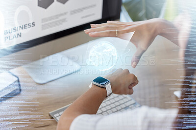 Buy stock photo Hand, closeup and smart watch with hologram, globe and online with planning, futuristic and trading. Female person, tracker or investor with progress, app or coding with tech, internet and investment