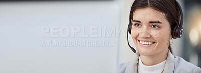 Buy stock photo Banner, call center and woman in headshot, customer service job and computer with headset, CRM and mockup space. Communication, contact us and female person in telemarketing with help desk employee