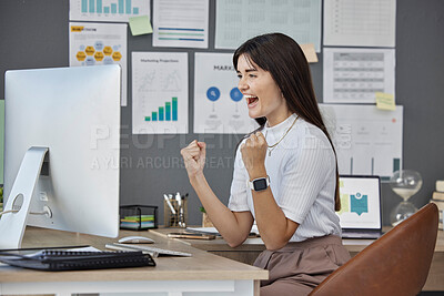 Buy stock photo Success, computer and business woman yes, wow and celebration news, feedback or winning in marketing agency. Wow, winner or excited person on desktop in graphs, charts or statistics increase or bonus