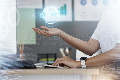Buy stock photo Hand, 3d or businesswoman with holographic world for sustainability or global network in office. Development, overlay or developer palm with futuristic Earth or planet for digital web innovation
