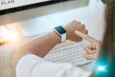 Buy stock photo Smartwatch, screen and business woman for office management, workflow check and data mockup in overlay. Digital, clock app and professional person hands typing, reading and timer technology at desk 