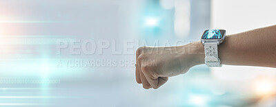 Buy stock photo Hand, smart watch or person with time, mockup space or screen for application, website or innovation. Digital clock, futuristic or arm of user with online technology, wrist gadget or device data
