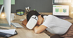 Tired, virtual reality or businesswoman in office sleeping in metaverse with digital technology for nap. Relax, fatigue or overworked worker with futuristic headset for 3d fantasy vr simulation 