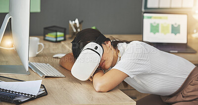 Buy stock photo Tired, virtual reality or businesswoman in office sleeping in metaverse with digital technology for nap. Relax, fatigue or overworked worker with futuristic headset for 3d fantasy vr simulation 
