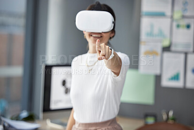 Buy stock photo Pointing, overlay or woman developer with vr headset for web design project for website cybersecurity. 3d touch, digital or girl in virtual reality for future cloud computing at office in metaverse