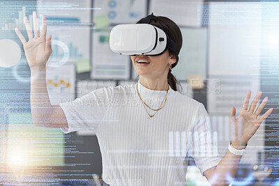 Buy stock photo Hand, overlay or woman developer with vr headset for web design planning for cybersecurity on website. 3d touch, digital or girl in augmented reality for future cloud computing at office in metaverse