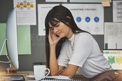 Buy stock photo Woman, burnout or tired accountant with headache in office with mental fatigue, head pain or stress crisis. Mistake, sad or overworked business analyst frustrated with depression anxiety or migraine