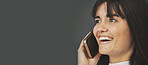 Happy woman, face and phone call on mockup space for communication, networking or social media. Female person smile talking on mobile smartphone in banner advertising against a grey studio background