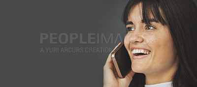 Buy stock photo Happy woman, face and phone call on mockup space for communication, networking or social media. Female person smile talking on mobile smartphone in banner advertising against a grey studio background
