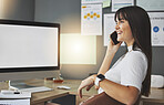 Phone call, business woman and computer screen for communication, job networking or news in marketing agency. Happy conversation, talking and creative thinking of person on mobile and desktop mockup
