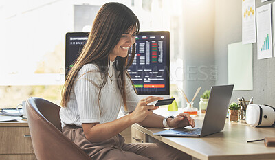 Buy stock photo Credit card, laptop or happy woman typing on stock market or cryptocurrency website for financial payment. Digital, fintech app or girl trader trading online for money or savings investment growth
