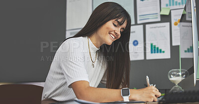 Buy stock photo Woman, analytics and data analyst with remote work, writing notes and employee at desk with graph and charts. Information, statistics and female person working from home, review research and insight