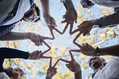 Buy stock photo Creative people, hands and star in teamwork, solidarity or collaboration for unity in nature. Low angle of team group touching fingers together for faith, support or community, hope or startup goals