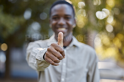 Buy stock photo Black man, hands and thumbs up in park for good job, approval or success in the nature outdoors. Portrait of happy African male person show thumb emoji, yes sign or like for agreement or deal outside