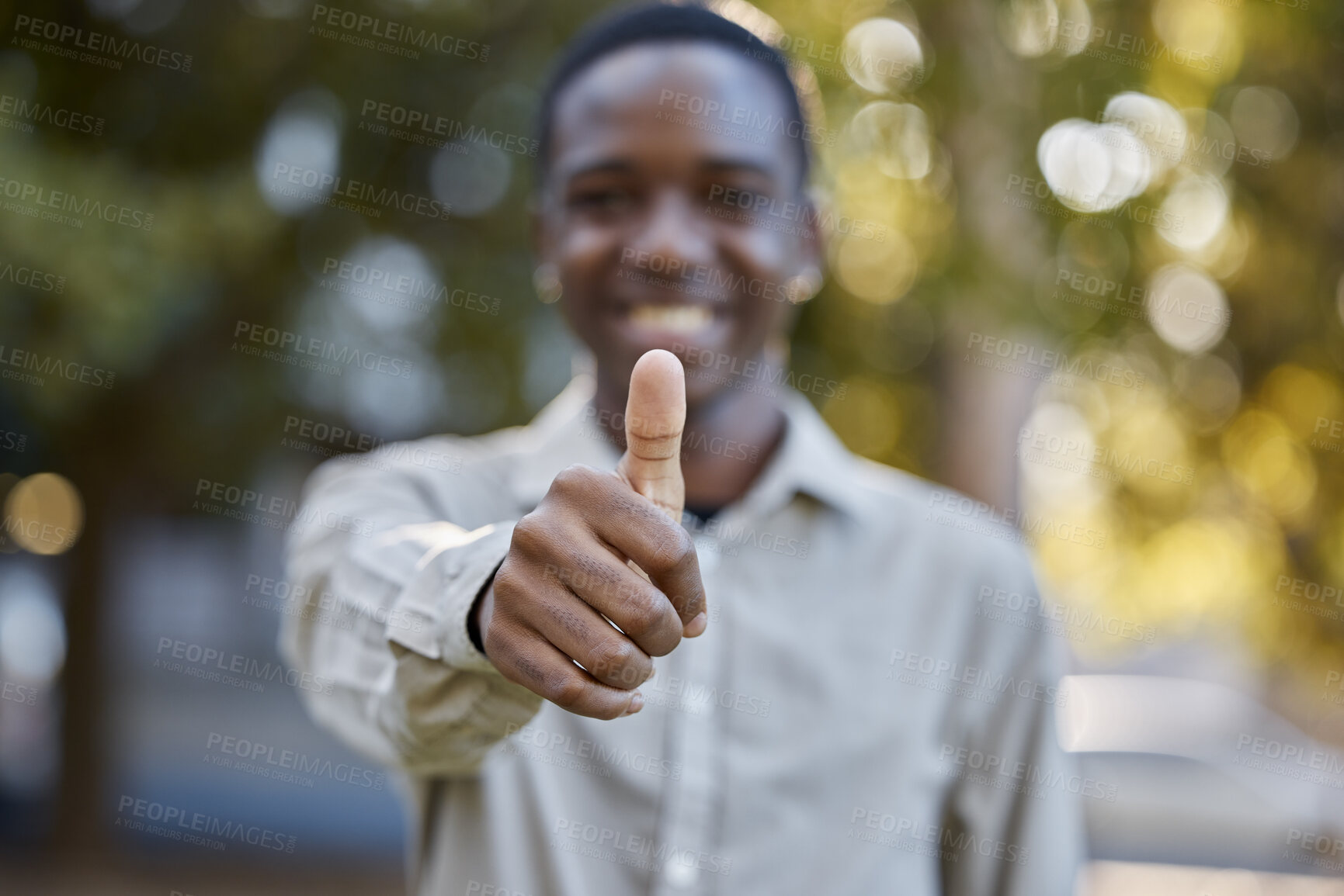 Buy stock photo Black man, hands and thumbs up in park for good job, approval or success in the nature outdoors. Portrait of happy African male person show thumb emoji, yes sign or like for agreement or deal outside