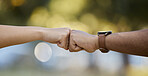 Hands, motivation and fist bump with people outdoor on a blurred background for unity or solidarity. Teamwork, partnership and trust with friends outside together for team building or support