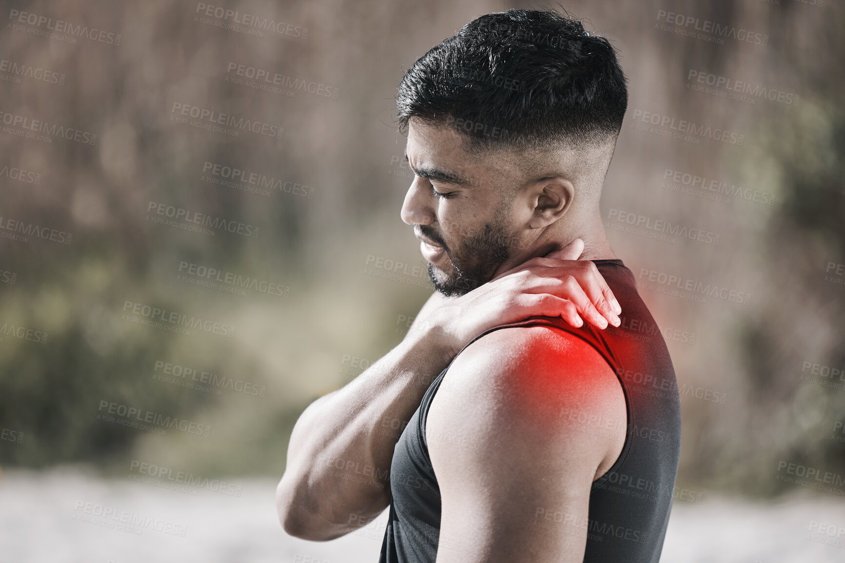Buy stock photo Shoulder pain, red and man in fitness or workout injury, sports risk or muscle healthcare in nature. Medical, neck or stress of athlete person massage for training, cardio or exercise problem overlay