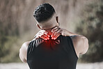 Back pain, red and man for fitness or exercise injury, sports risk or muscle massage, outdoor or mountain. Medical, spine and person for anatomy problem in training, hiking or running workout overlay