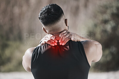 Buy stock photo Back pain, red and man for fitness or exercise injury, sports risk or muscle massage, outdoor or mountain. Medical, spine and person for anatomy problem in training, hiking or running workout overlay