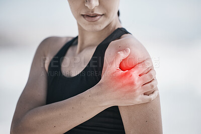 Buy stock photo Woman, shoulder pain and fitness injury with red overlay, workout outdoor with fibromyalgia and muscle tension. Arthritis, arm ache and inflammation, female athlete and medical problem from exercise