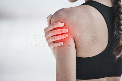 Buy stock photo Woman, shoulder pain and exercise injury, red overlay and workout outdoor, fibromyalgia and back muscle tension. Arthritis, arm ache and inflammation, female athlete and medical problem with fitness