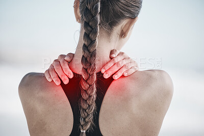 Buy stock photo Back pain, red and woman for fitness or exercise injury, sports risk or muscle healthcare outdoor. Medical, spine and person massage for anatomy problem in training, cardio or workout overlay