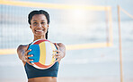 Happy woman, portrait and volleyball by net on beach for sports game, match or fitness outdoors. Fit, active or sporty female person with ball for volley exercise, training or practice by ocean coast