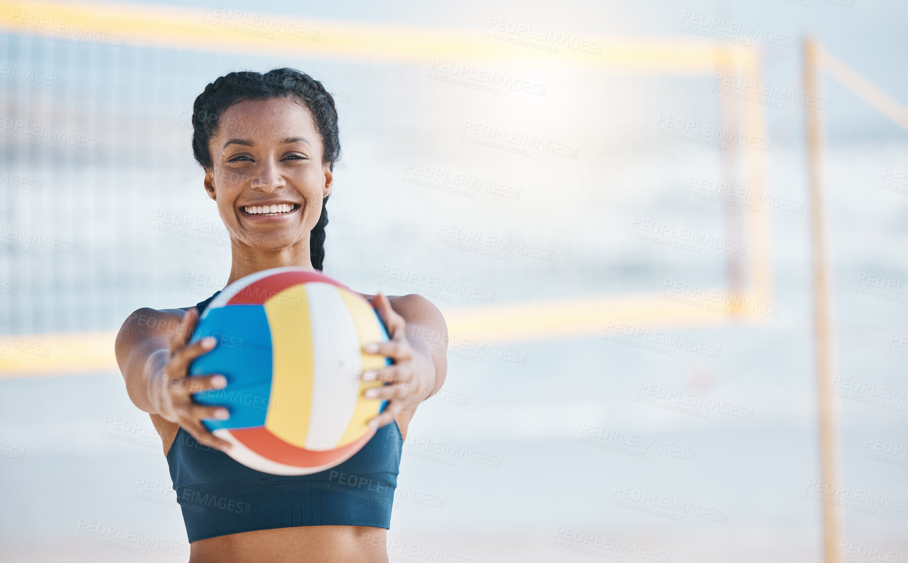 Buy stock photo Happy woman, portrait and volleyball by net on beach for sports game, match or fitness outdoors. Fit, active or sporty female person with ball for volley exercise, training or practice by ocean coast
