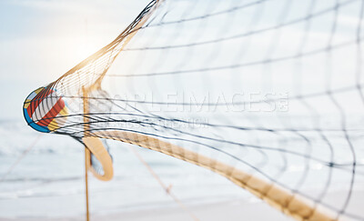 Buy stock photo Volleyball, net and speed at beach sports for fitness, exercise or training in summer. Holiday, sun and equipment for game or competition by the ocean in the morning for cardio or a game for vacation