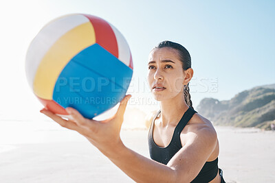 Buy stock photo Beach, exercise and woman with volleyball to serve for games, fun and sports in sunshine. Face of female person, athlete and player with focus holding ball to start contest for summer action at ocean
