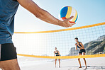 Start, team and man with a volleyball at the beach for summer sports, fitness and game. Hand, friends and people ready for cardio, workout or a competition at the ocean in spring for fun and training