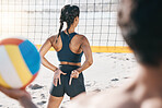 Woman, beach and exercise with volleyball and hand sign for communication or block signal. Behind young person or athlete ready for sport, fitness or fun game outdoor in nature or sand with a partner