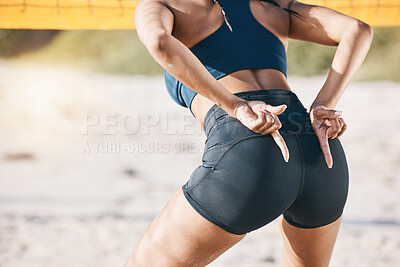 Buy stock photo Beach, fitness and a woman with volleyball hand sign for communication or block signal. Behind female person or healthy athlete body ready for sports, workout or fun game outdoor on sand in summer