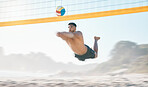 Volleyball, diving and man jump at beach in air for fun competition, contest and motion blur. Male person, outdoor fitness and hit ball at sand by sea for summer games, action and energy performance