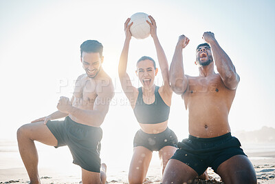 Buy stock photo Happy people, volleyball and winning on beach in victory, achievement or teamwork celebration in the outdoors. Woman and men in team success, championship or game and match on the ocean coast outside
