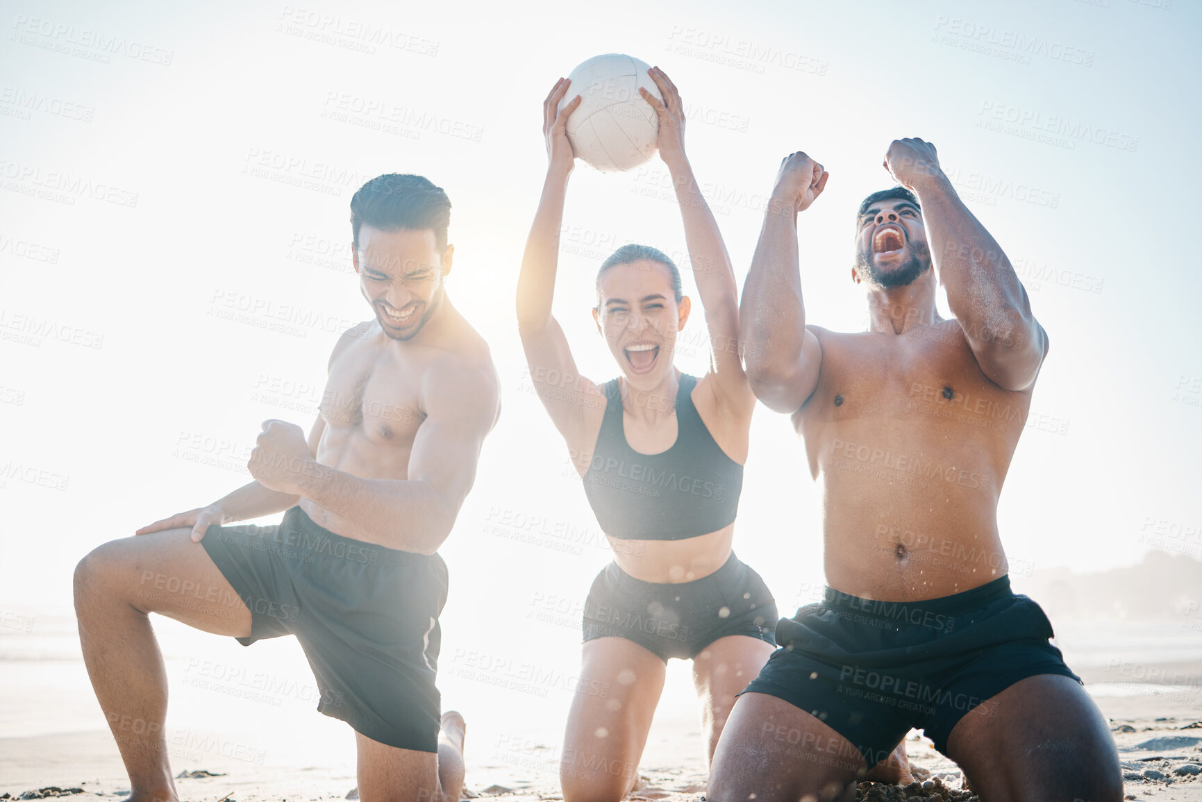 Buy stock photo Happy people, volleyball and winning on beach in victory, achievement or teamwork celebration in the outdoors. Woman and men in team success, championship or game and match on the ocean coast outside
