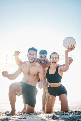Buy stock photo Fitness, beach and portrait of friends for volleyball with a ball, energy and winning spirit. Young men and woman or a team ready for sports, exercise or fun game outdoor in nature or sand in summer