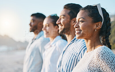 Buy stock photo Happy, line and friends at the beach for sunset together for bonding, vacation or freedom. Smile, community and people in a row at the ocean during vacation for fun, weekend or summer in Bali