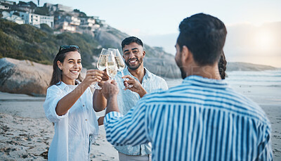 Buy stock photo Smile, friends and toast with champagne on beach, having fun and bonding at sunset. Ocean, group and people cheers with wine glass, alcohol and drink for celebration on holiday, summer party and sea.