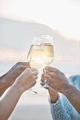 Buy stock photo Sunset, friends and hands toast with champagne, having fun or bonding together. Vacation, group and people cheers with wine glass, alcohol or drink for celebration on holiday, summer or party outdoor