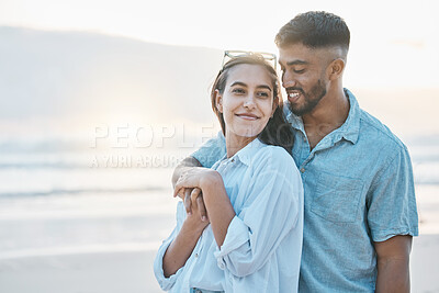 Buy stock photo Couple, hug on beach and love, travel and holiday with mockup space and happiness together outdoor. Summer, support and care with affection, man and woman in nature with adventure by the ocean