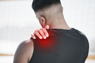 Buy stock photo Man, neck pain and fitness, injury and red overlay, back and medical emergency with muscle inflammation. Male athlete, shoulder strain with glow and health problem, fibromyalgia and exercise accident
