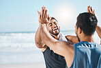 ?High five, fitness success and people at beach in celebration, winning and workout goals or target. Training, exercise and sports men, personal trainer or athlete friends, hands together and support