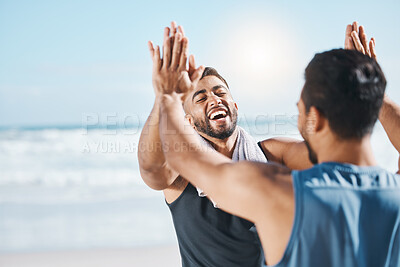 ?High five, fitness success and people at beach in celebration, winning and workout goals or target. Training, exercise and sports men, personal trainer or athlete friends, hands together and support