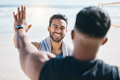 ?High five, fitness winner and people at beach celebration, success and workout goals or teamwork. Training, exercise and sports men, personal trainer or athlete friends, hands together and support