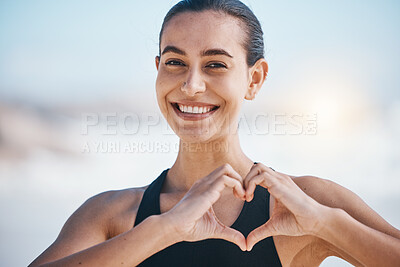 Buy stock photo Woman, portrait and heart hands, fitness outdoor with love icon and emoji, happiness and health. Wellness, support and care with female athlete, exercise and symbol, hand gesture and feedback