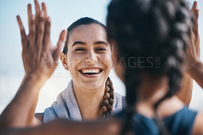 Buy stock photo ?High five, fitness success and woman with workout celebration, winning and exercise goals or teamwork. Training, sports and athlete people, personal trainer or friends with hands together or support