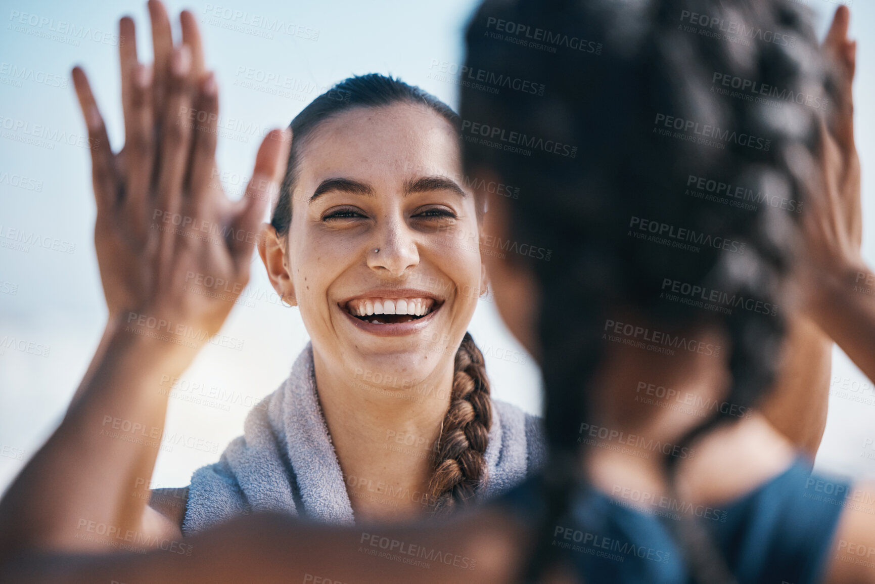 Buy stock photo ?High five, fitness success and woman with workout celebration, winning and exercise goals or teamwork. Training, sports and athlete people, personal trainer or friends with hands together or support