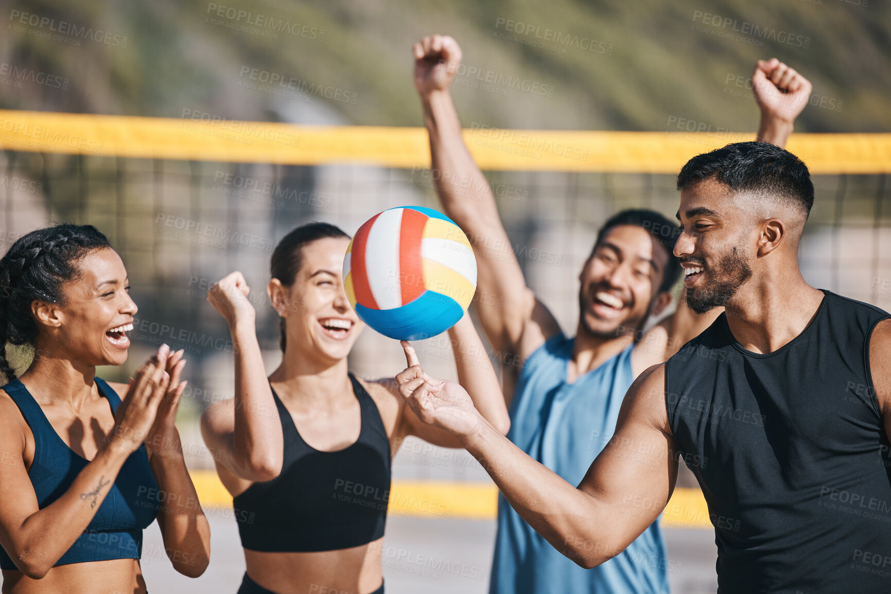 Buy stock photo People, volleyball and team celebration on beach for winning, victory or sports achievement in nature. Happy group of athletes or friends with ball for volley championship or success on ocean coast