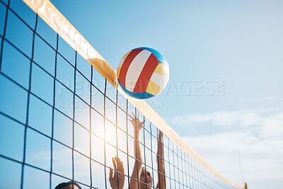 Buy stock photo Volleyball, net with sports and fitness, blue sky and people outdoor playing game with training and summer. Exercise, athlete and competition, match with ball and active, workout and team tournament